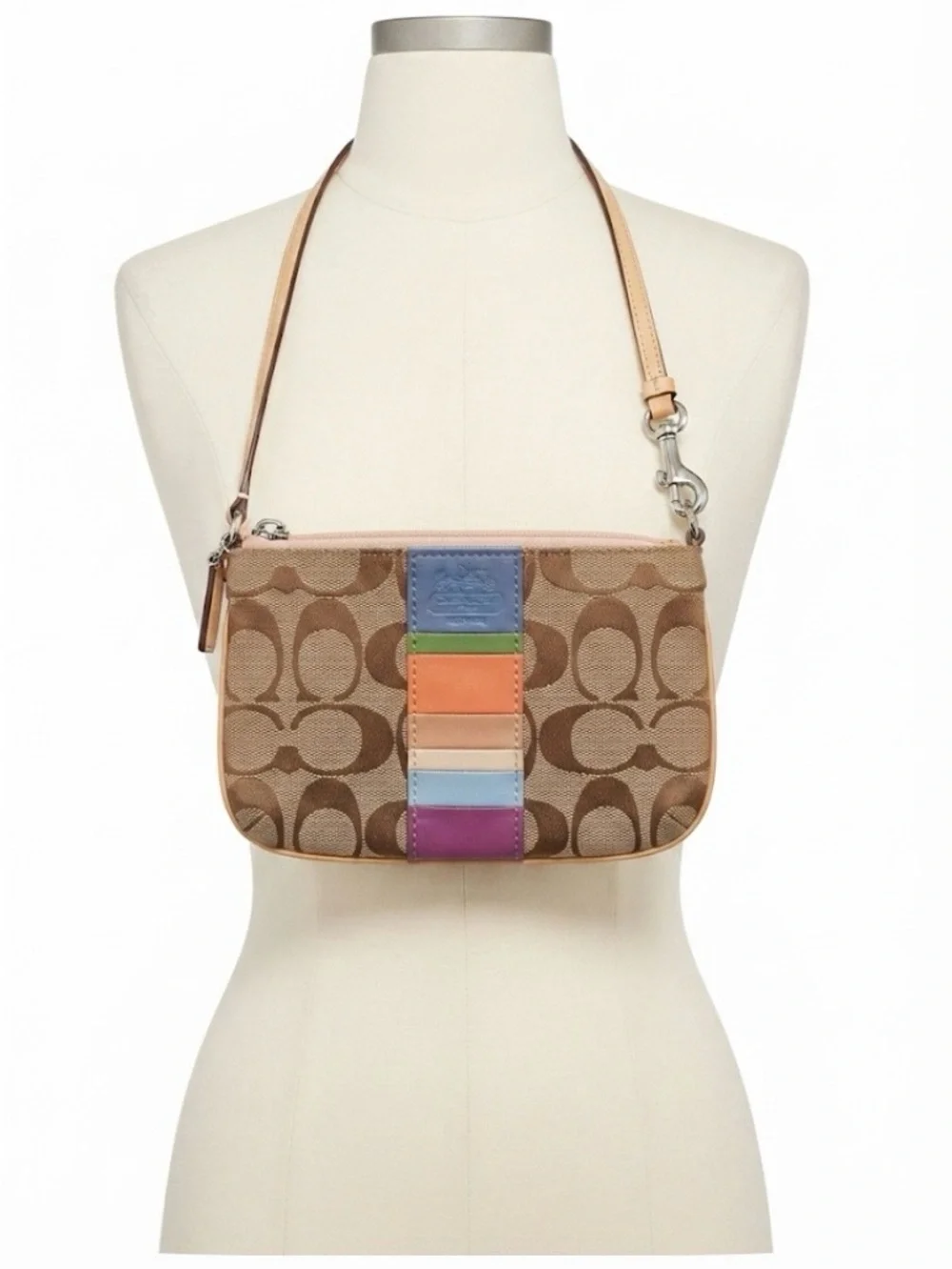 MINI. Coach signature khaki and brown fabric wristlet accented